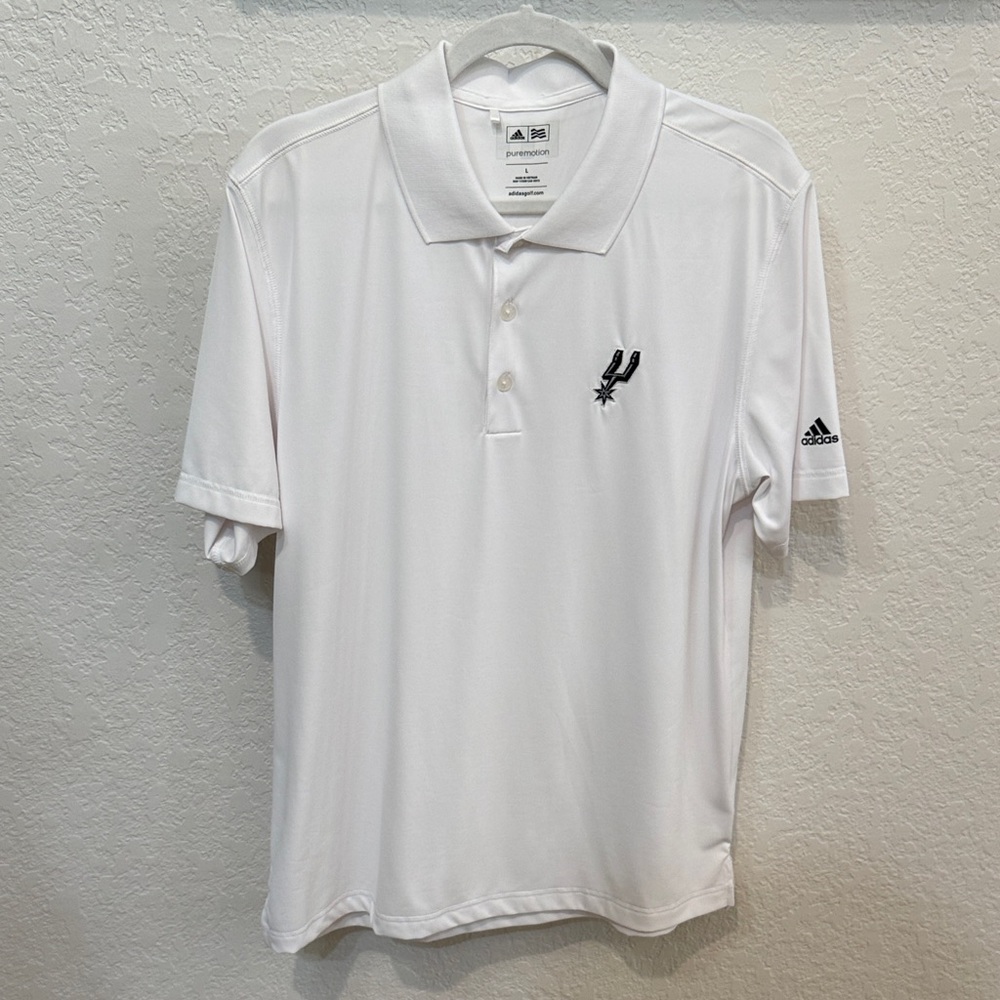 Adidas White Polo Shirt with Black Spurs Logo, Size Large